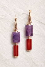 Load image into Gallery viewer, Gold-plated hoops with natural Brazilian gems.  handmade. amethyst earrings