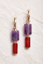 Load image into Gallery viewer, Gold-plated hoops with natural Brazilian gems.  handmade. amethyst earrings
