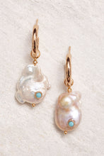 Load image into Gallery viewer, Shimmering gold-plated hoops with small crystal studs. Adorned with baroque pearls.

