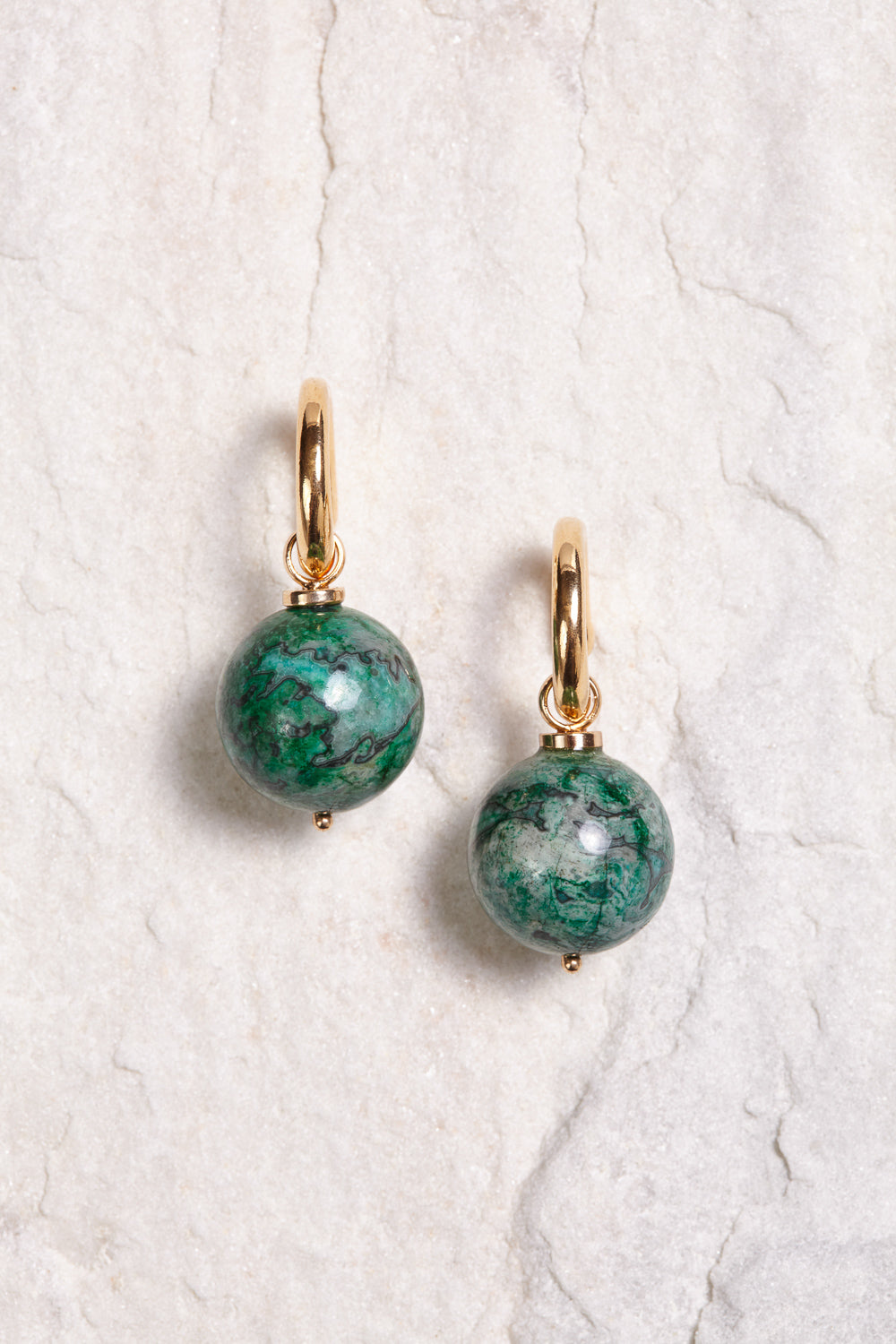 ALILA 18K gold plated hoops, Brazilian malachite gems earrings
